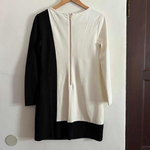 TRINA TURK | Black White Cubist Colorblock Minimalist Long Sleeve Sheath Dress 4 - Picture 2 of 5